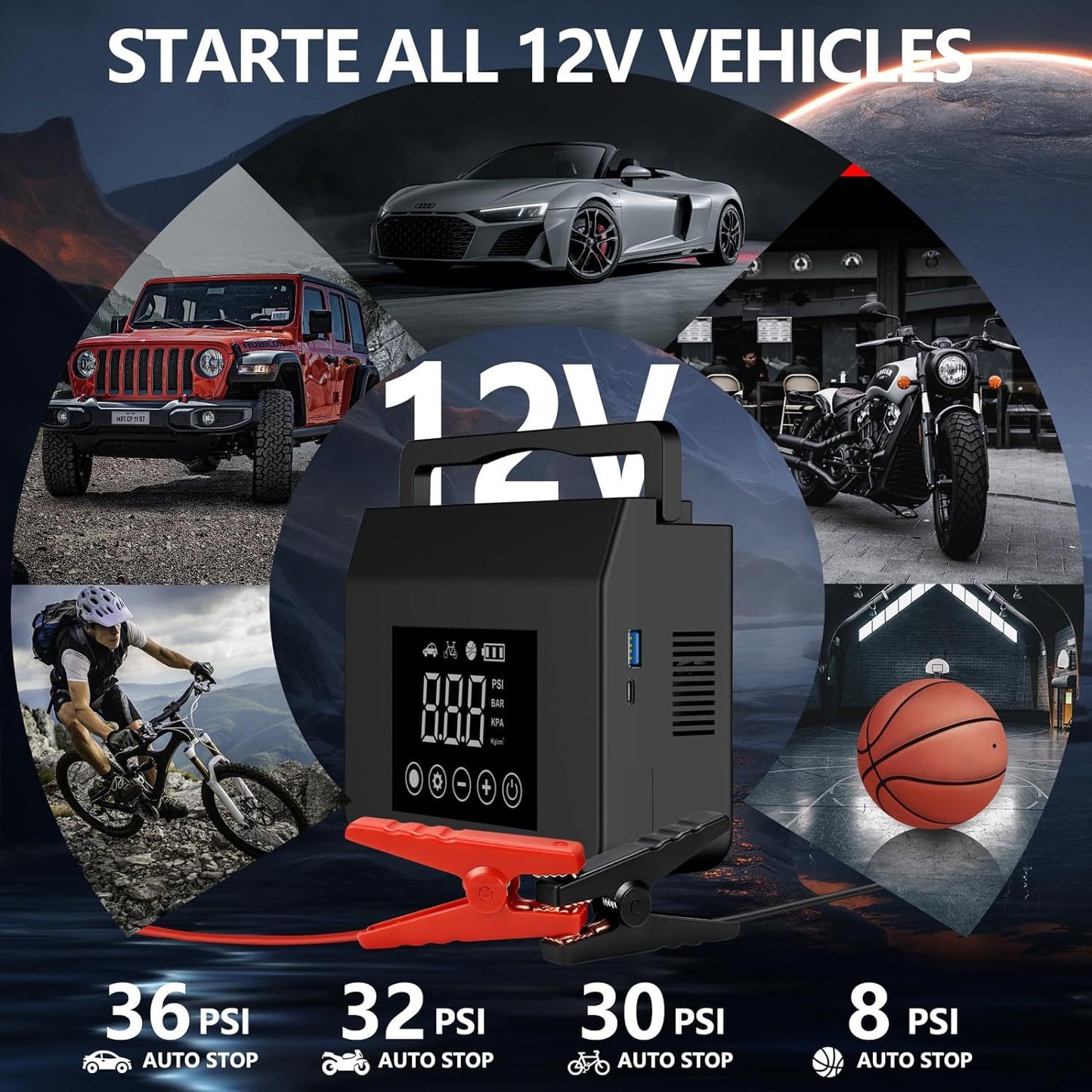 A Portable Car Jump Starter, With 4000A Battery Booster, 12V Jump Starter  Gas Engines Up To 8.0L, Diesel Up To 6.0L Equipped With Smart Clamp Cables, USB Quick Charge And LED Flashlight