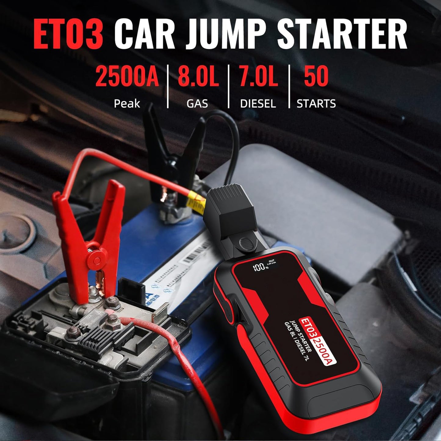A Portable Car Jump Starter, With 4000A Battery Booster, 12V Jump Starter  Gas Engines Up To 8.0L, Diesel Up To 6.0L Equipped With Smart Clamp Cables, USB Quick Charge And LED Flashlight