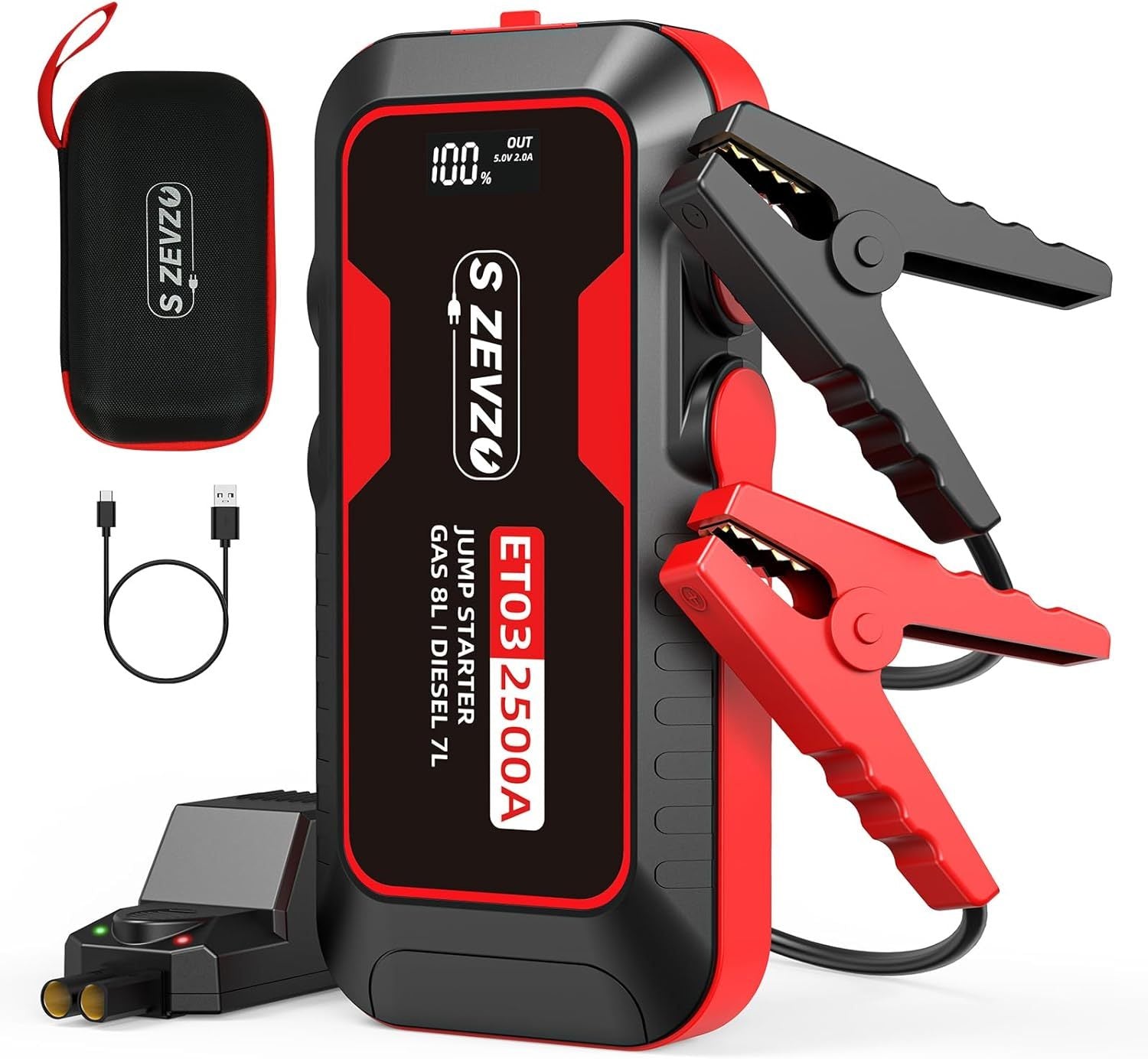 A Portable Car Jump Starter, With 4000A Battery Booster, 12V Jump Starter  Gas Engines Up To 8.0L, Diesel Up To 6.0L Equipped With Smart Clamp Cables, USB Quick Charge And LED Flashlight