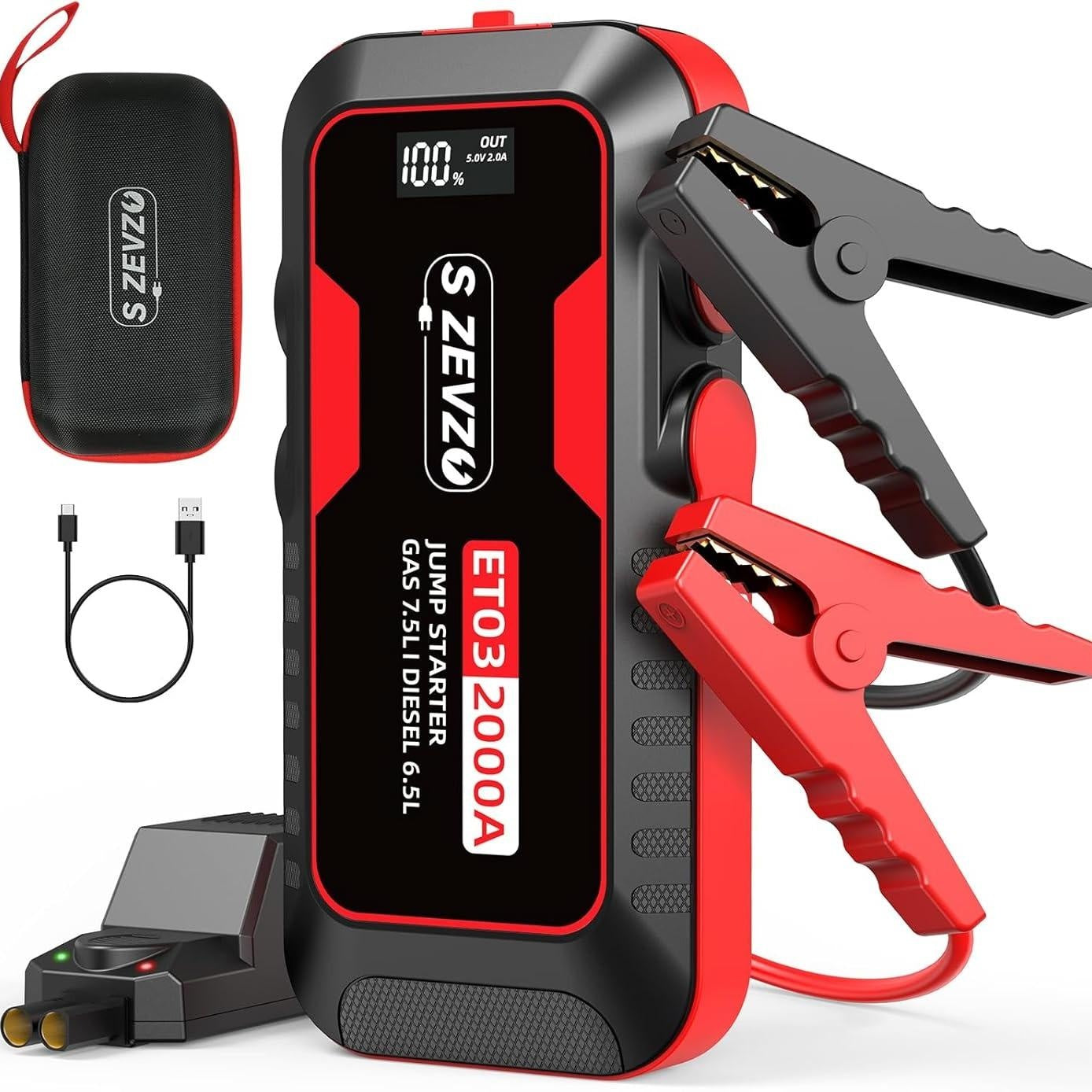 A Portable Car Jump Starter, With 4000A Battery Booster, 12V Jump Starter  Gas Engines Up To 8.0L, Diesel Up To 6.0L Equipped With Smart Clamp Cables, USB Quick Charge And LED Flashlight